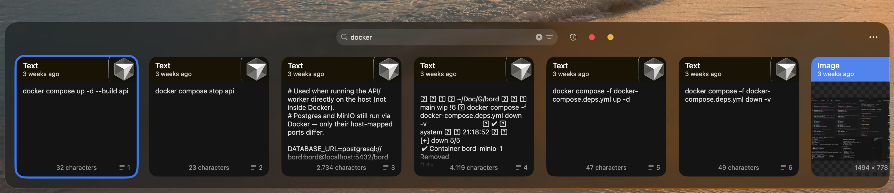 Paste app's slide-up panel with horizontal clipboard carousel