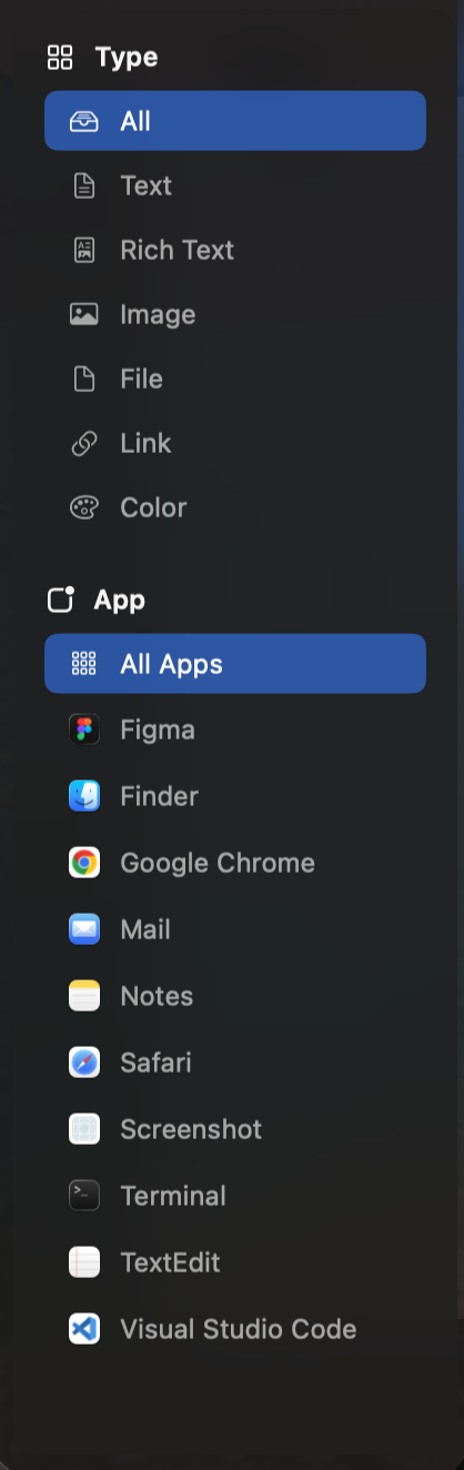 Pastery Overview Mode with sidebar filters showing filtered clipboard history